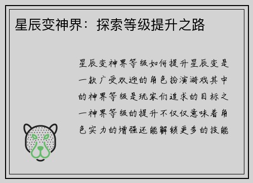 星辰变神界：探索等级提升之路