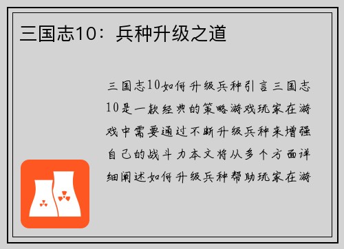 三国志10：兵种升级之道